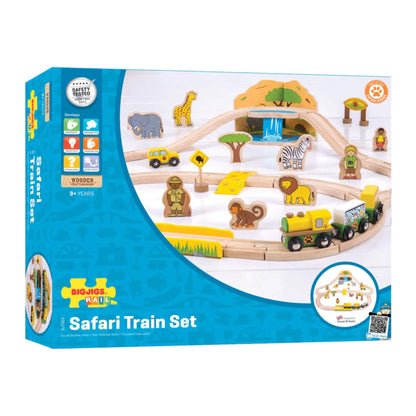 Product packaging for the Bigjigs Toys Safari Train Set, showing the full contents including wooden train, animals, bridge, safari vehicle and accessories, suitable for ages 3+