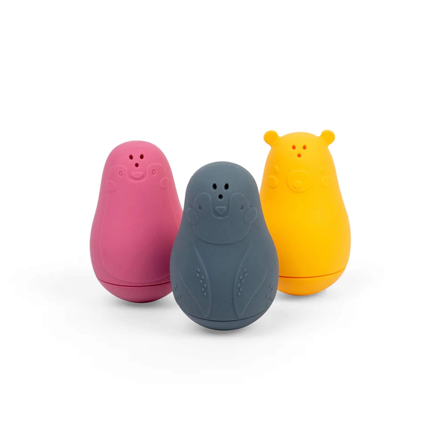 Front-facing view of the Bigjigs Toys Silicone Bath Buddies set, with all three arctic characters upright and evenly spaced on a white background.
