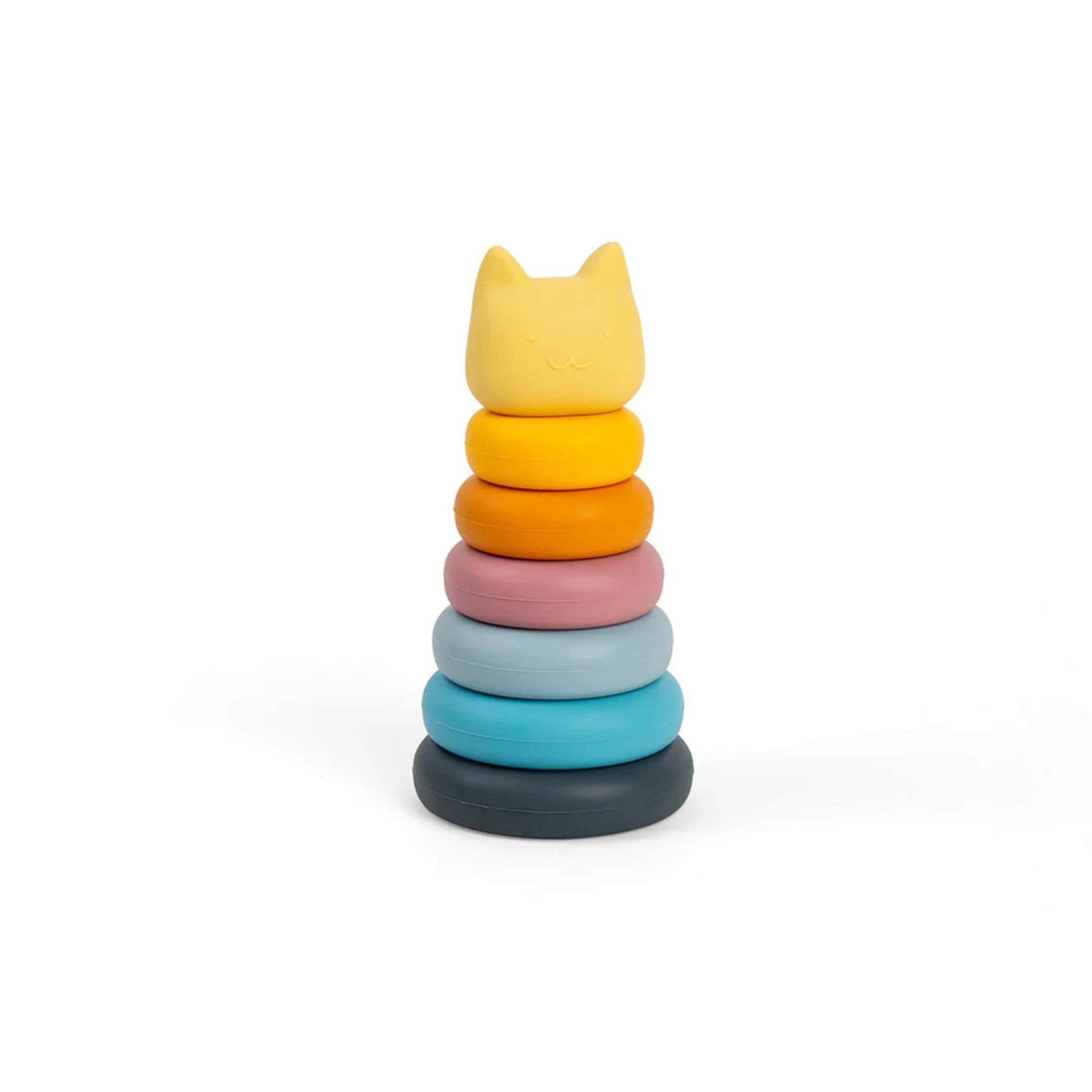 Soft silicone stacking toy from Bigjigs Toys shaped like a cat, featuring pastel and earthy-coloured rings stacked from dark grey to yellow with a cat-shaped topper.