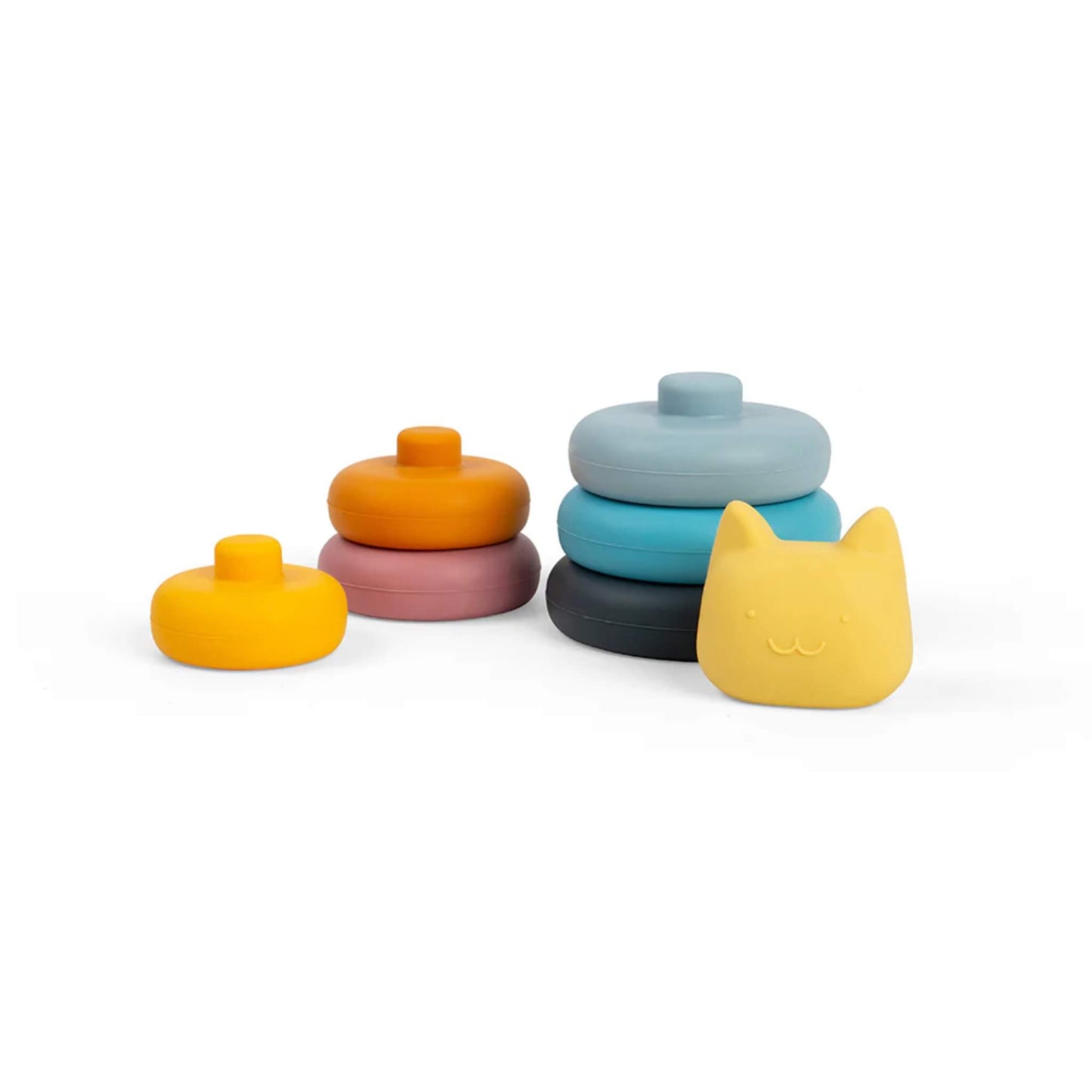 Bigjigs Toys Silicone Stacking Cat toy with the rings separated and laid out in two colour groups, showing textured pegs for easy stacking.