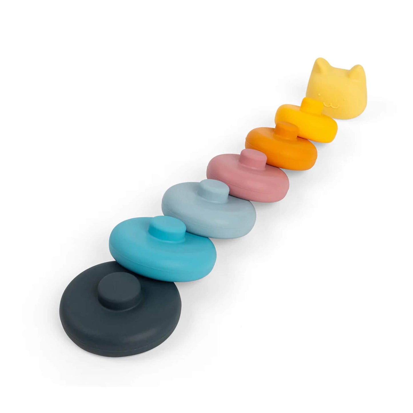 All pieces of the Bigjigs Toys Silicone Stacking Cat toy laid out in a colour gradient from charcoal grey to yellow, ready for sorting or stacking play.