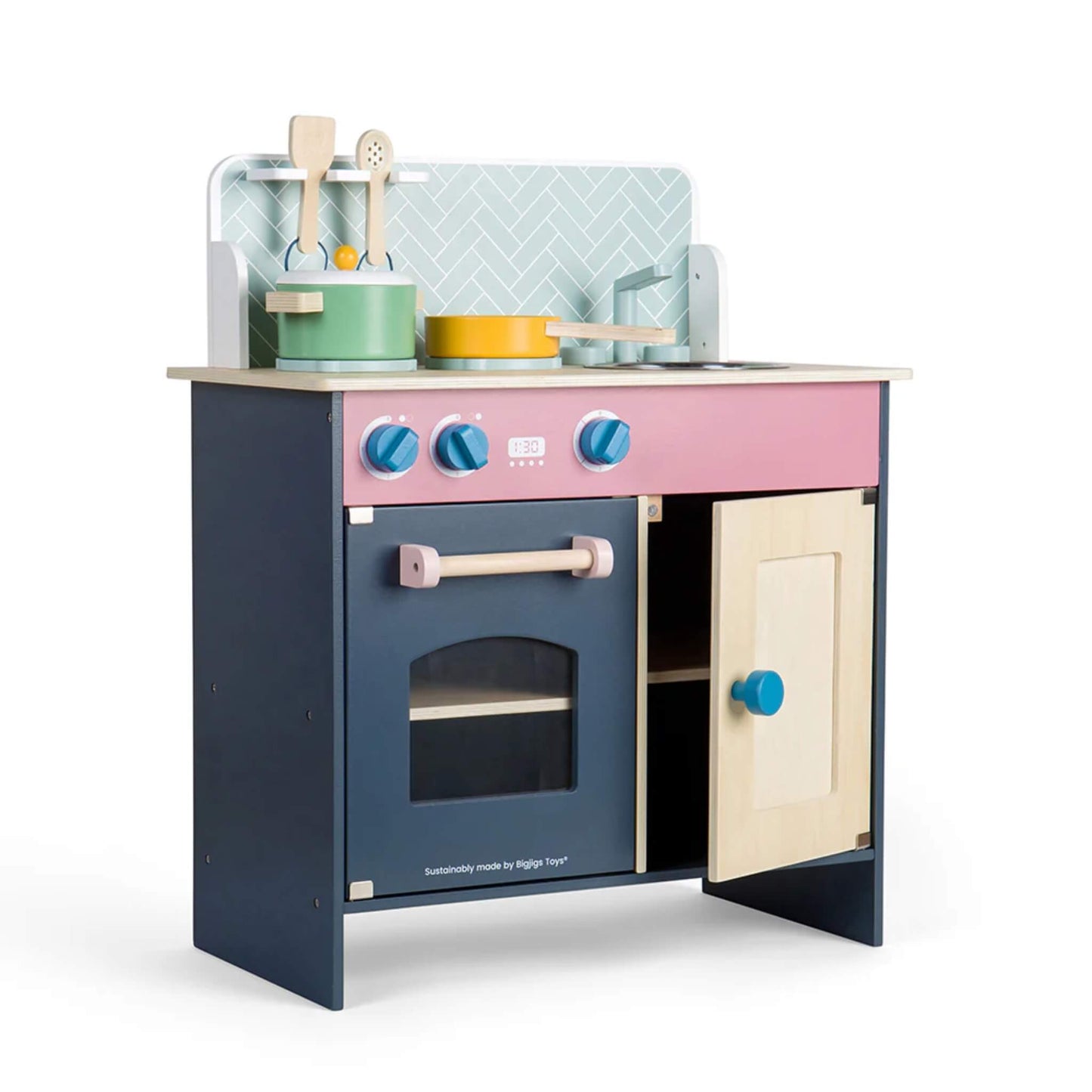 Bigjigs Toys Simply Scandi Kitchen with oven and cupboard doors open, showing pots, pans and utensils neatly arranged on the hob and hanging from hooks.