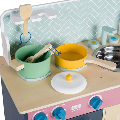 Top-down view of the wooden hob with two pots and utensils arranged for playtime pretend cooking.