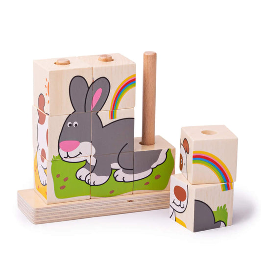 A colourful stacking puzzle from Bigjigs Toys featuring wooden blocks partway through assembly, with cheerful pet illustrations and a sturdy wooden base.