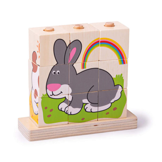 Wooden stacking puzzle blocks fully assembled to create a smiling grey bunny with a rainbow background, placed neatly on the wooden base.