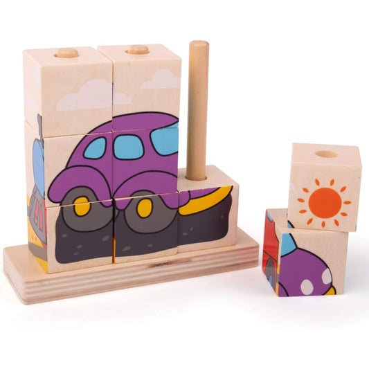 A hands-on wooden stacking puzzle from Bigjigs Toys, partially assembled on its base, showing a colourful car image with extra blocks and post visible.