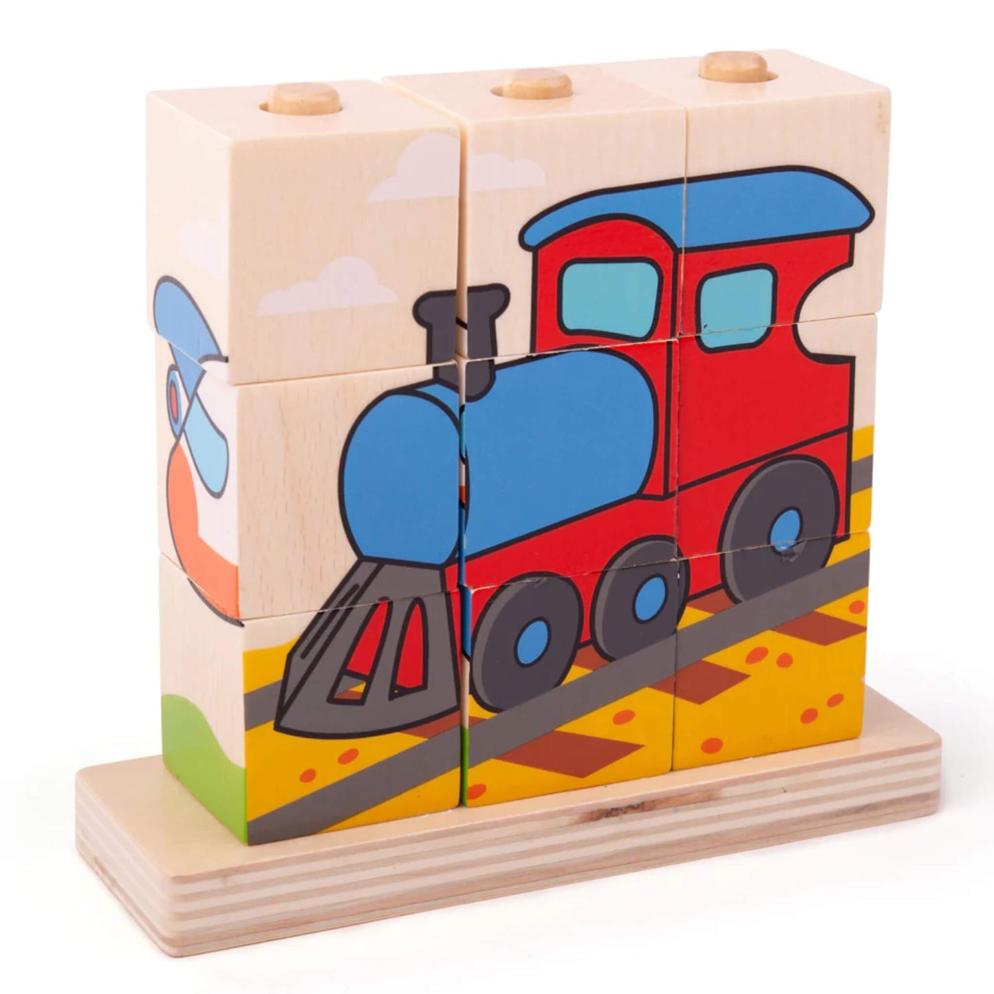 Transport-themed puzzle completed to show a red and blue steam train on yellow tracks, made from nine wooden cubes stacked on a smooth wooden base.