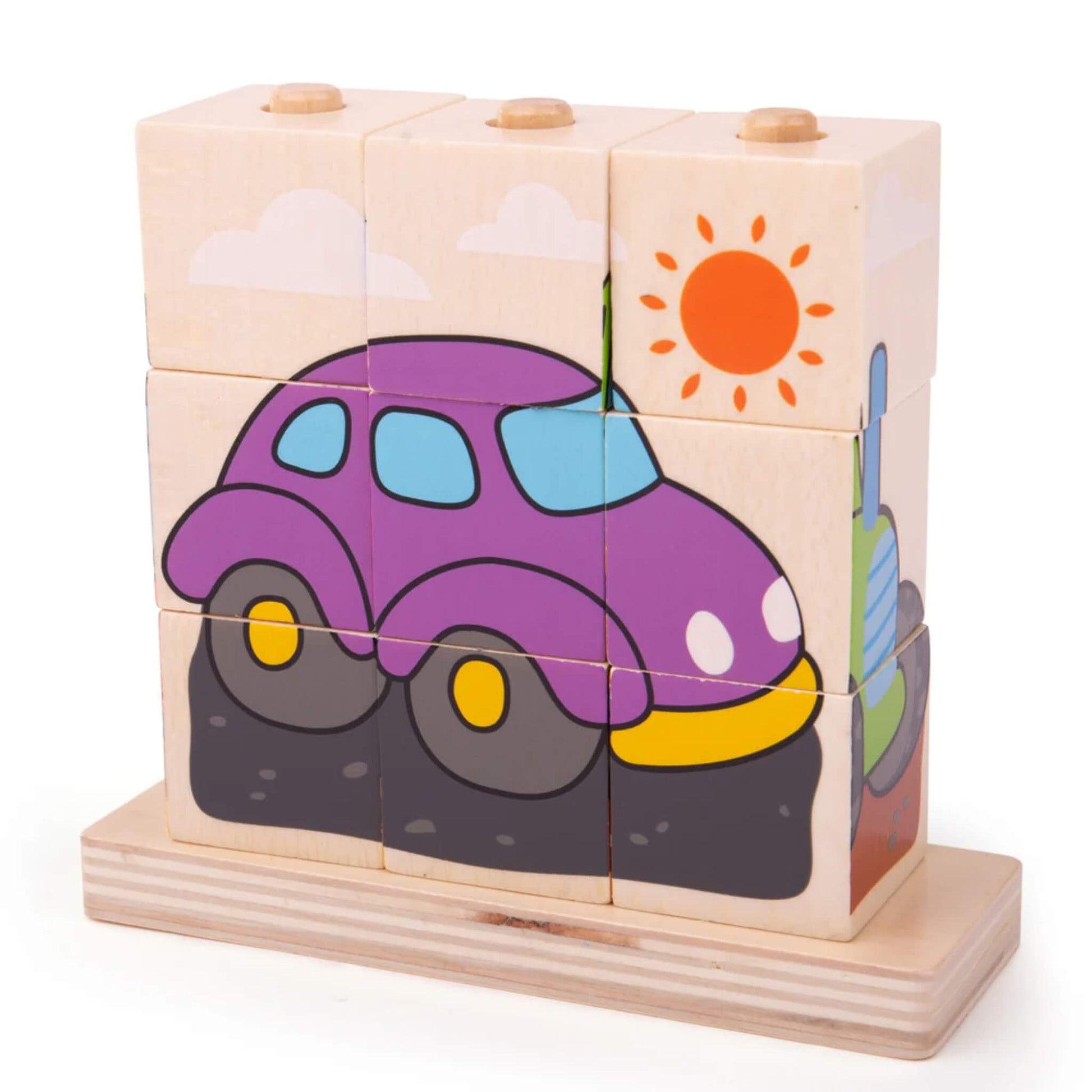 Nine wooden blocks stacked to complete a purple car puzzle with a bright orange sun and light cloud background, neatly displayed on the wooden base.