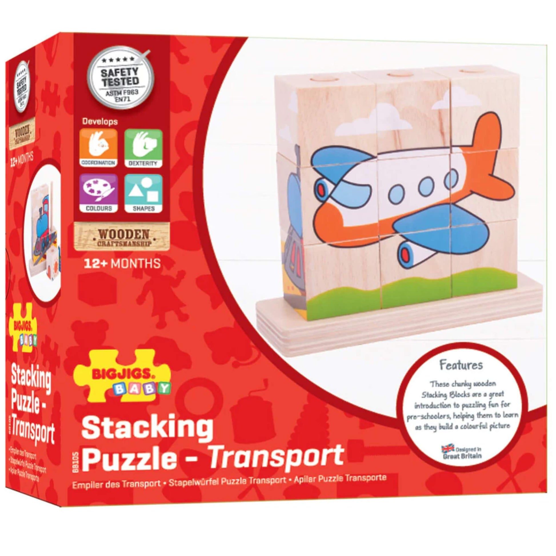 Retail packaging for Bigjigs Toys Stacking Puzzle – Transport showing age suitability, wooden material info, and a finished aeroplane puzzle image.