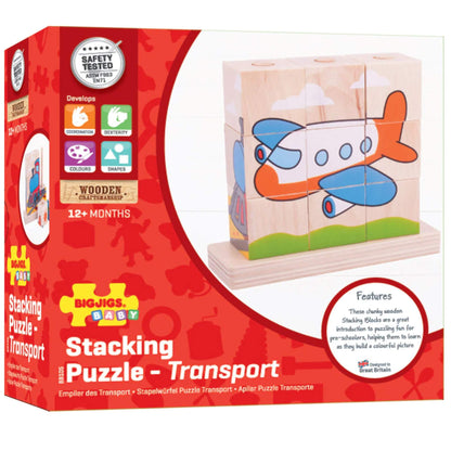 Retail packaging for Bigjigs Toys Stacking Puzzle – Transport showing age suitability, wooden material info, and a finished aeroplane puzzle image.