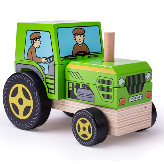 The Bigjigs Toys Stacking Tractor shown fully assembled, featuring a bright green body, painted driver, chunky wheels, and smooth wooden stacking pieces.