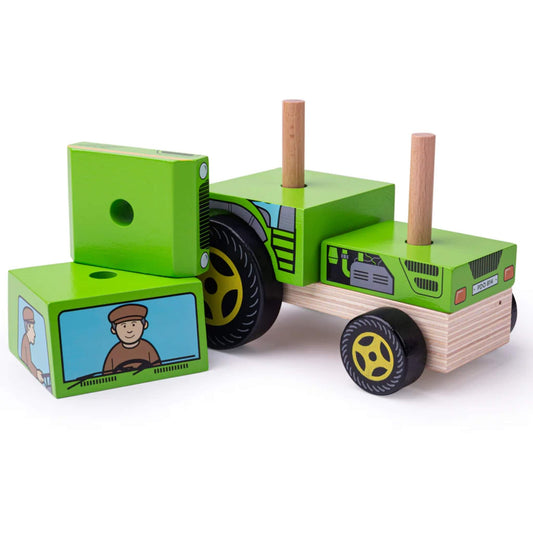 The Stacking Tractor toy shown partway through assembly, with colourful wooden pieces and visible stacking pegs ready for construction play.