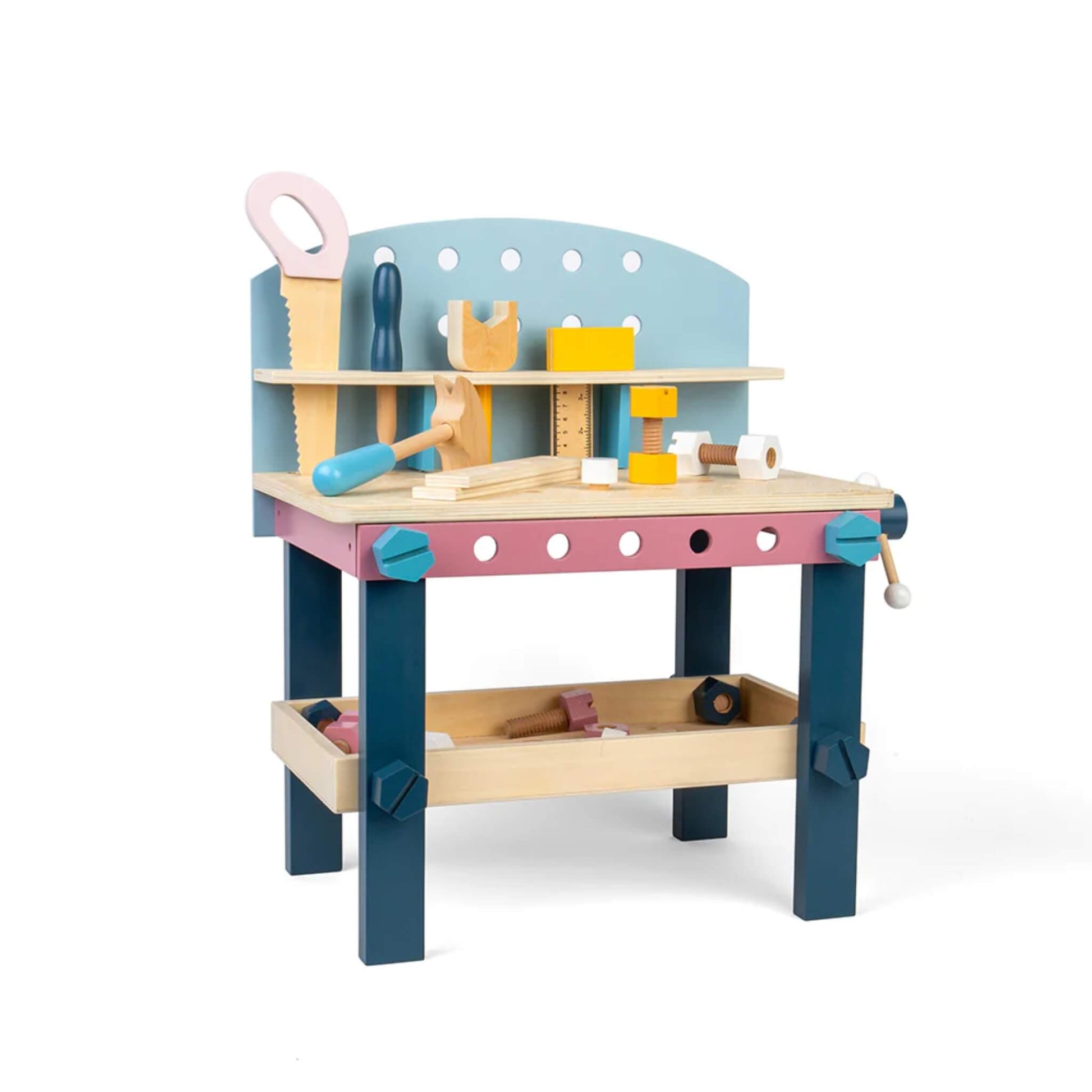 Wooden Bigjigs Toys Tool Bench with soft neutral colours, toy tools, bolts and a lower storage shelf.