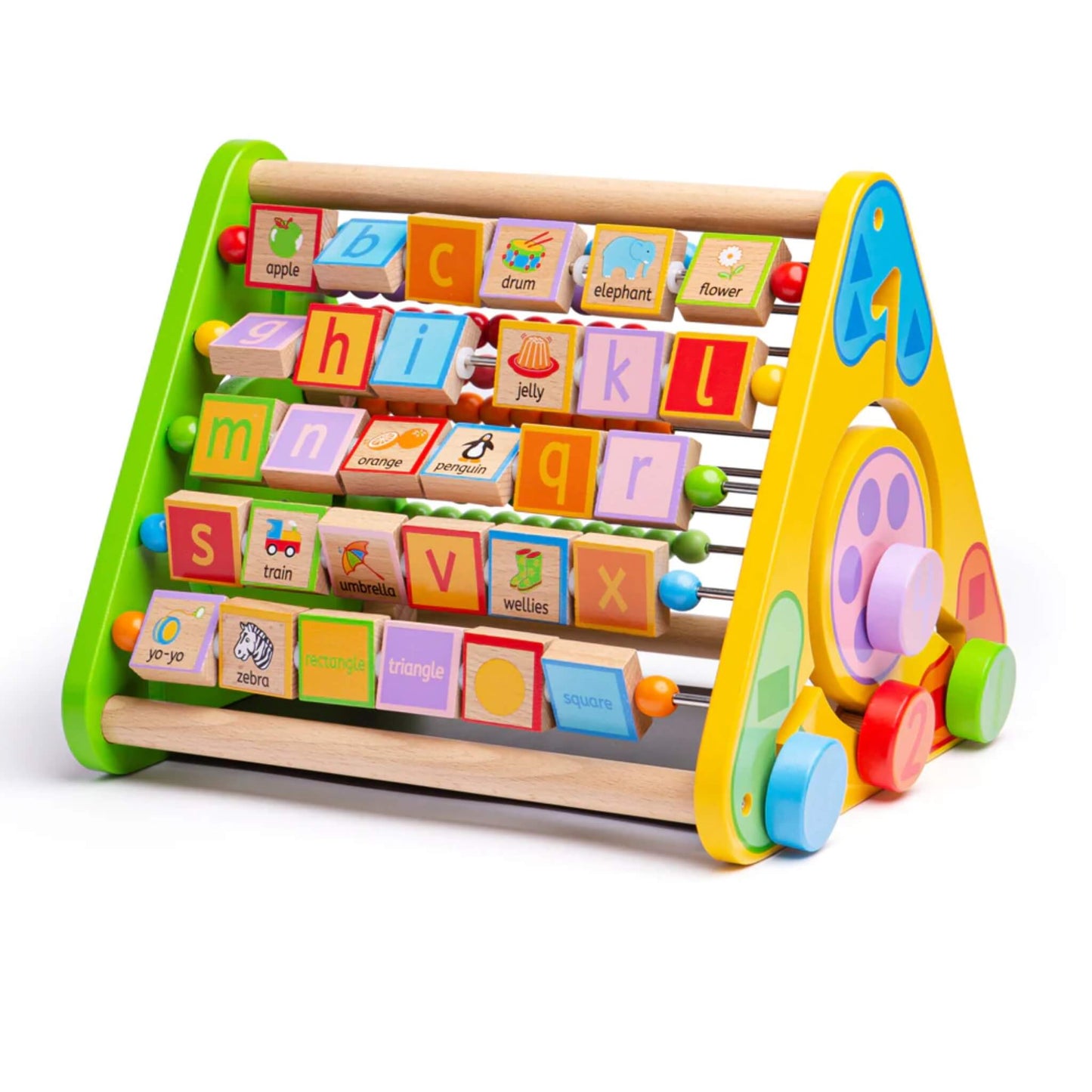 Bigjigs Toys Triangular Activity Centre with alphabet blocks, gears, and brightly coloured wooden frame, viewed from the front angle.