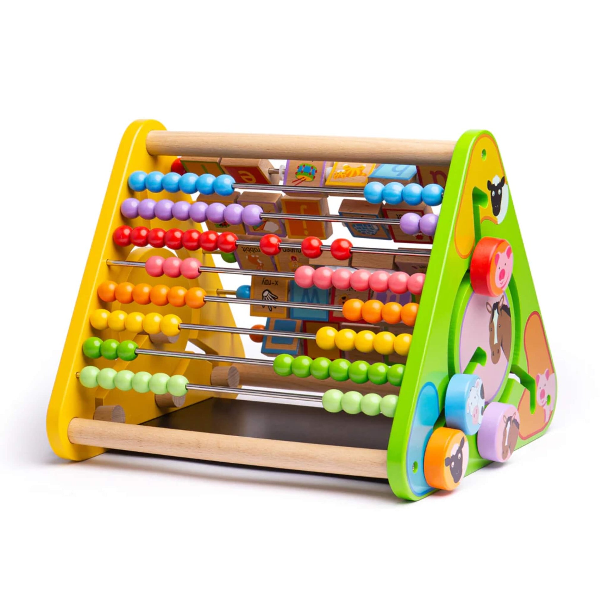 Reverse view showing colourful abacus beads on the back of the Bigjigs Toys Triangular Activity Centre.