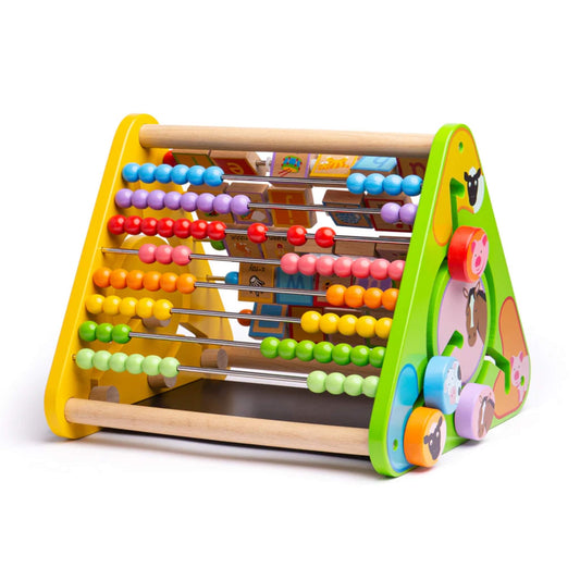Reverse view showing colourful abacus beads on the back of the Bigjigs Toys Triangular Activity Centre.