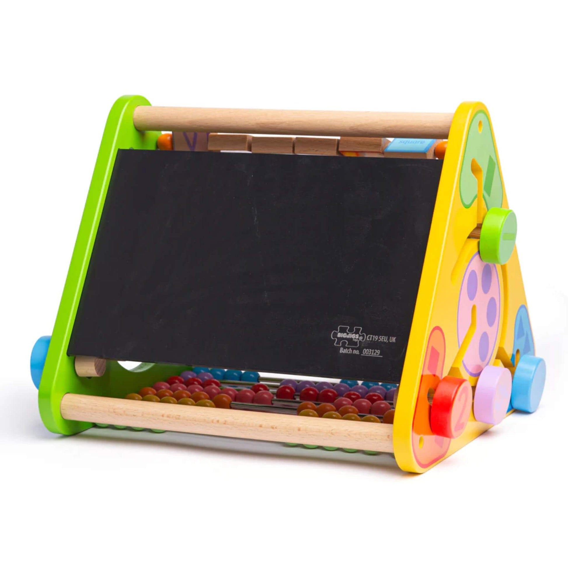 Triangular Activity Centre rear chalkboard side with Bigjigs Toys branding.