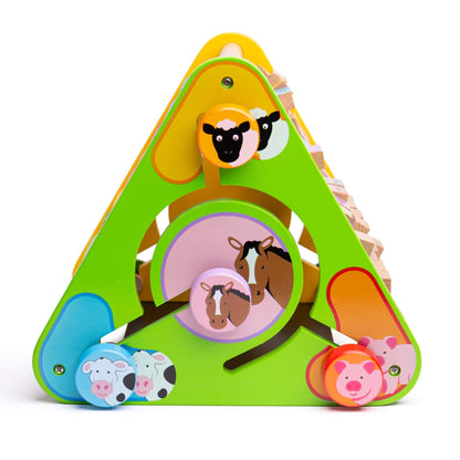Side view with farm animal spinning discs including sheep, horses, cows, and pigs on the Bigjigs Toys Triangular Activity Centre.