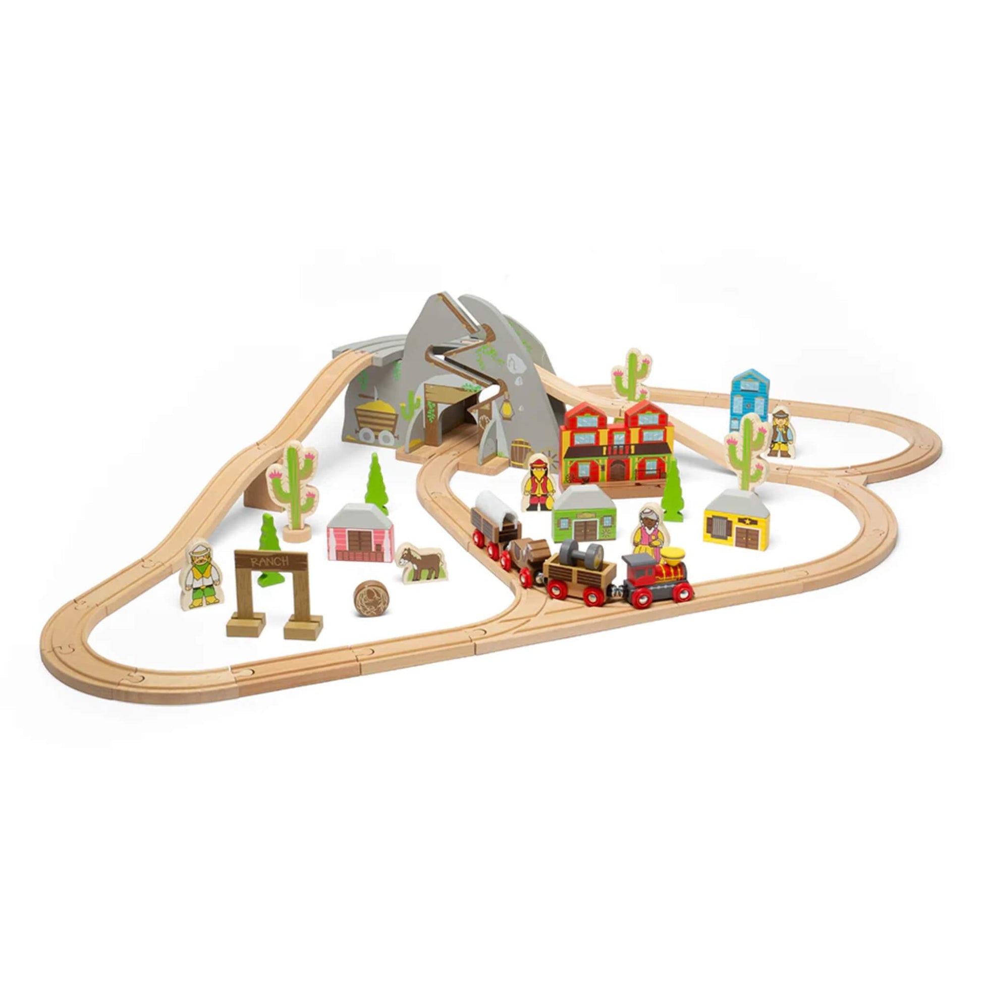 Complete wooden layout of the Bigjigs Toys Wild West Train Set, featuring a cowboy-style train, desert-themed scenery, cactus trees, a mountain tunnel, and Wild West characters.