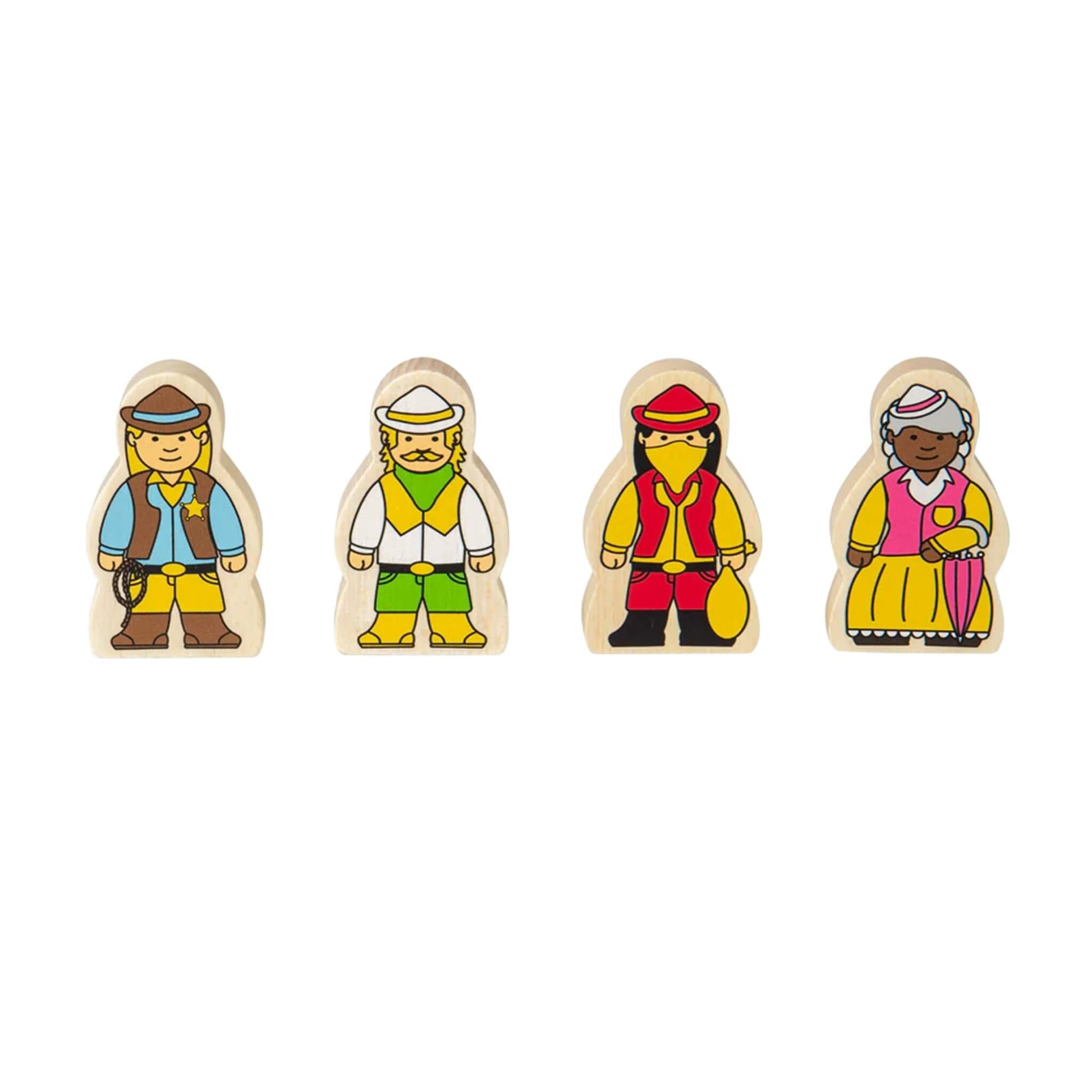 Four wooden Wild West character figures from the Bigjigs Toys Wild West Train Set, including a sheriff, outlaw, cowgirl, and lady in traditional dress.
