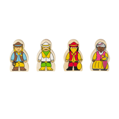 Four wooden Wild West character figures from the Bigjigs Toys Wild West Train Set, including a sheriff, outlaw, cowgirl, and lady in traditional dress.