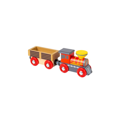 Red and yellow steam engine with detachable wagon from the Bigjigs Toys Wild West Train Set, featuring bold colours and rolling wooden wheels.