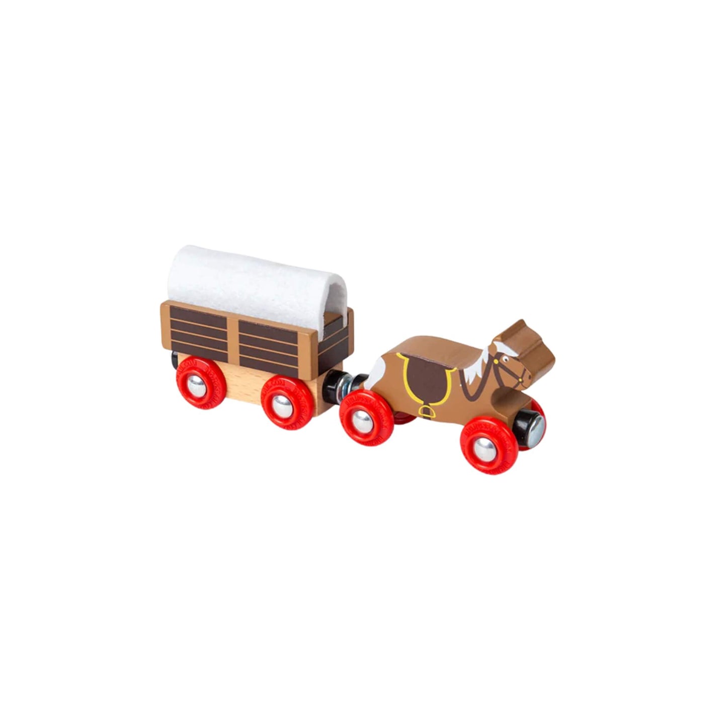 Wooden horse-drawn cart with covered wagon from the Bigjigs Toys Wild West Train Set, styled to resemble a traditional pioneer carriage.