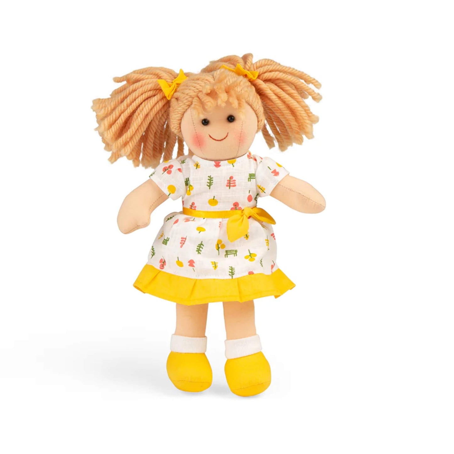 Bigjigs Toys Zoe Doll with blonde yarn hair in pigtails, wearing a white dress with a yellow hem and cheerful garden print.