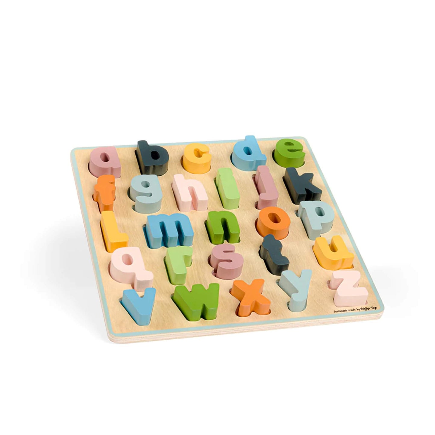 26 pastel coloured lower case letters on a wooden alphabet puzzle base.