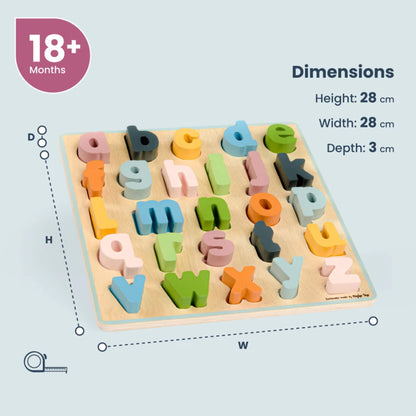 Dimensions chart for the Bigjigs Wooden Lowercase Alphabet Puzzle, showing height, width, and depth, suitable for ages 18+ months.