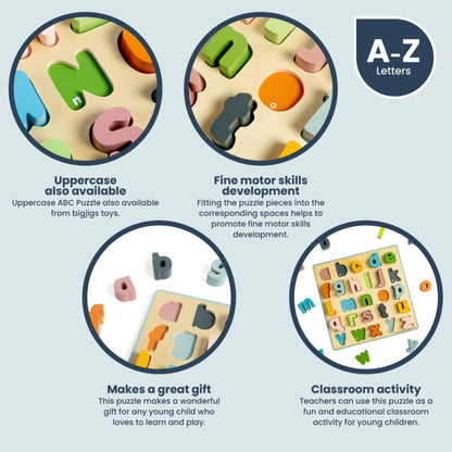  Feature highlights for the Bigjigs Wooden ABC Puzzle, including fine motor skills, lowercase options, and classroom use.
