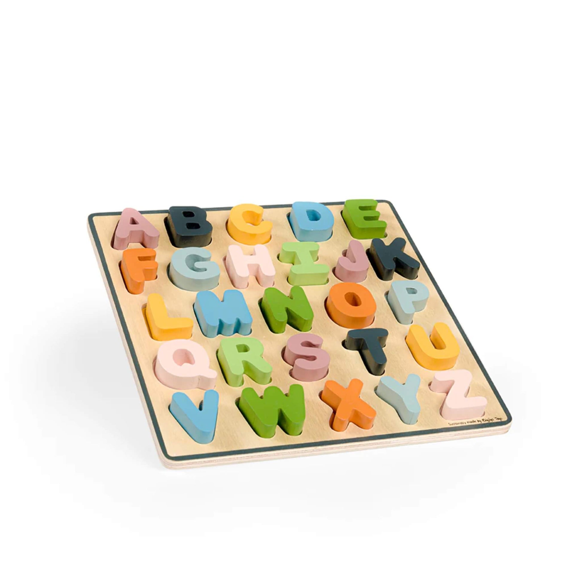 Alphabet puzzle, 26 pastel coloured uppercase letters on a wooden base.