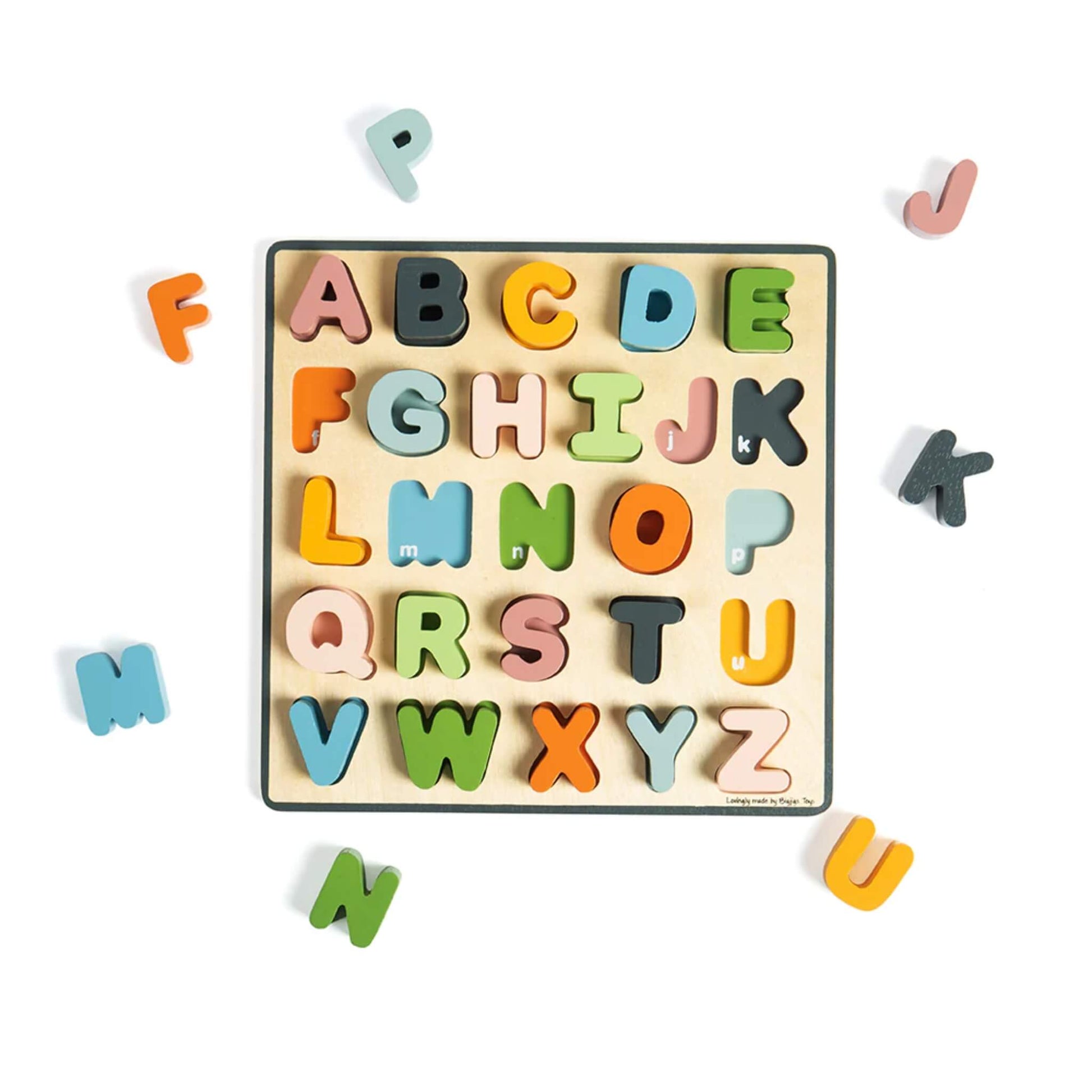 Wooden alphabet puzzle with pastel uppercase letters arranged in matching slots, with some pieces scattered around.