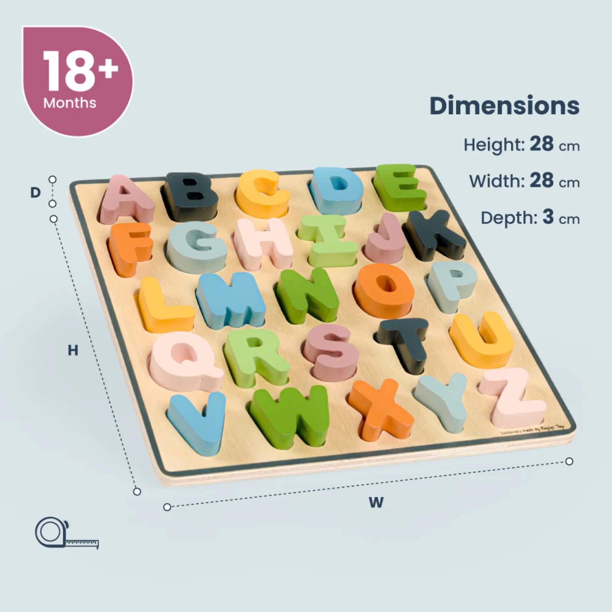 Dimensions chart for the Bigjigs Wooden Alphabet Puzzle, showing height, width, and depth, suitable for ages 18+ months.