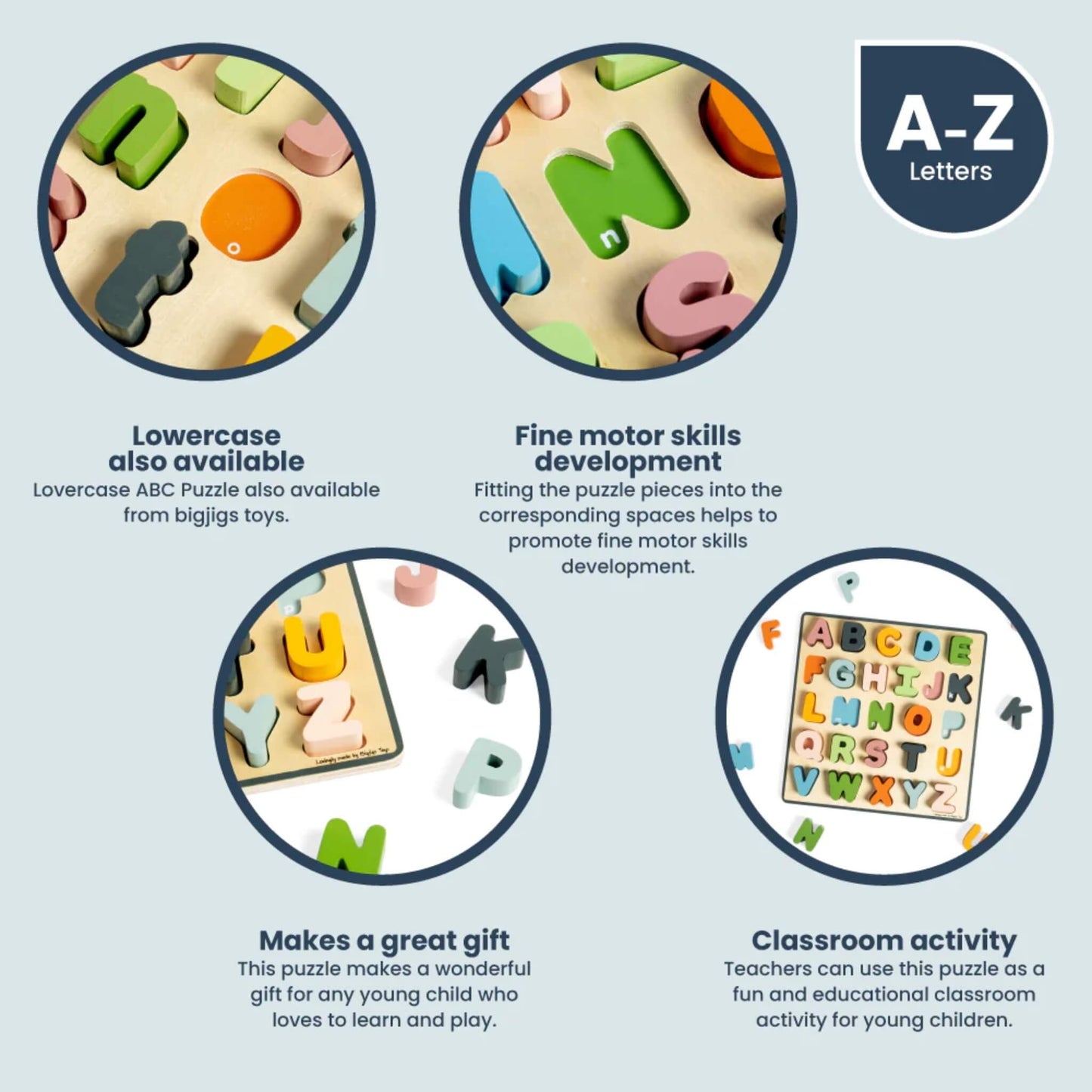 Feature highlights for the Bigjigs Wooden Alphabet Puzzle, including fine motor skills, lowercase options, and classroom use.