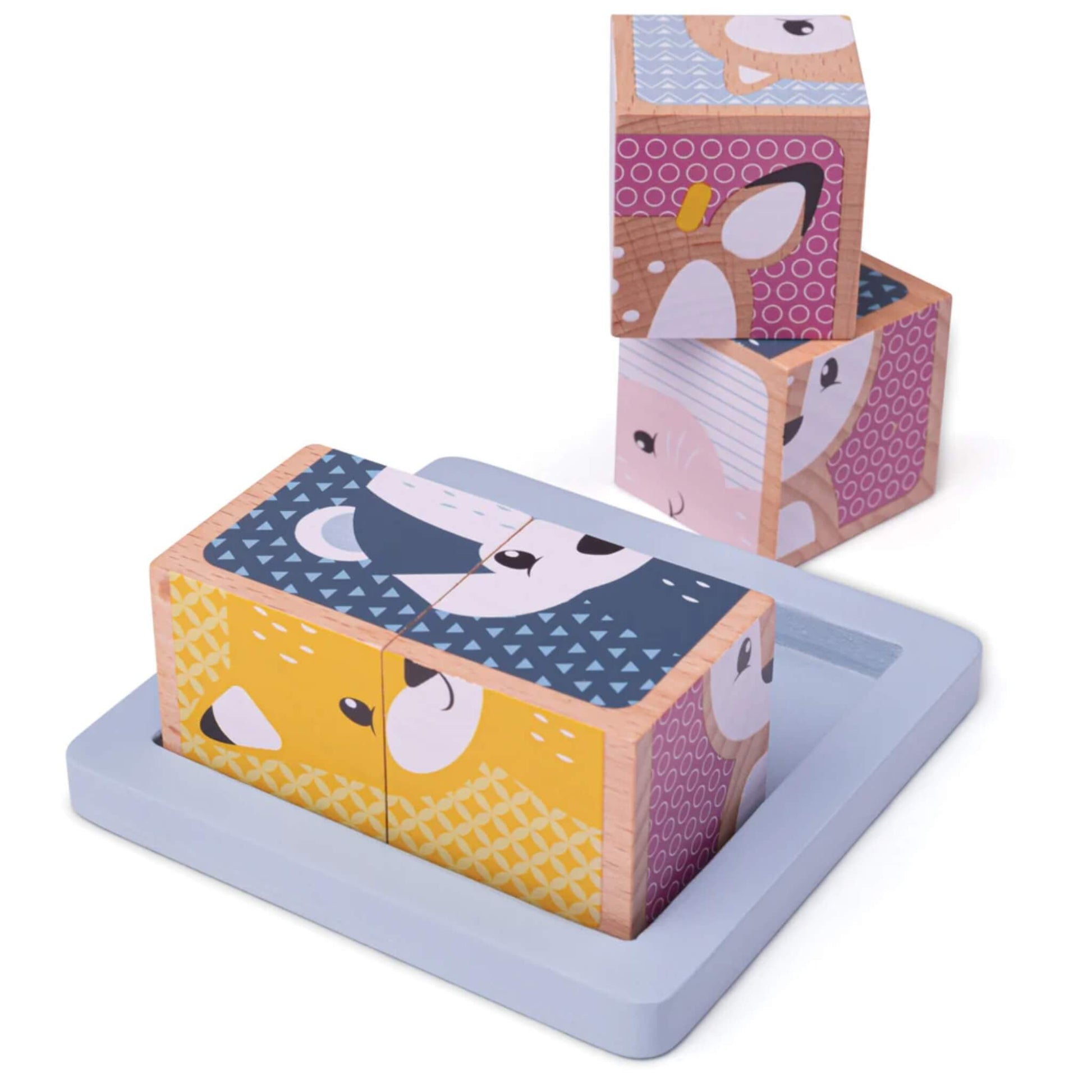 Bigjigs Toys FSC® Certified Woodland Cube Puzzle with four illustrated wooden blocks in a blue tray, showing partial animal faces including badger and deer.
