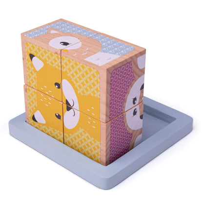 Bigjigs Toys Woodland Cube Puzzle with blocks arranged to form a fox face on one side and other animal faces partially visible on the edges.