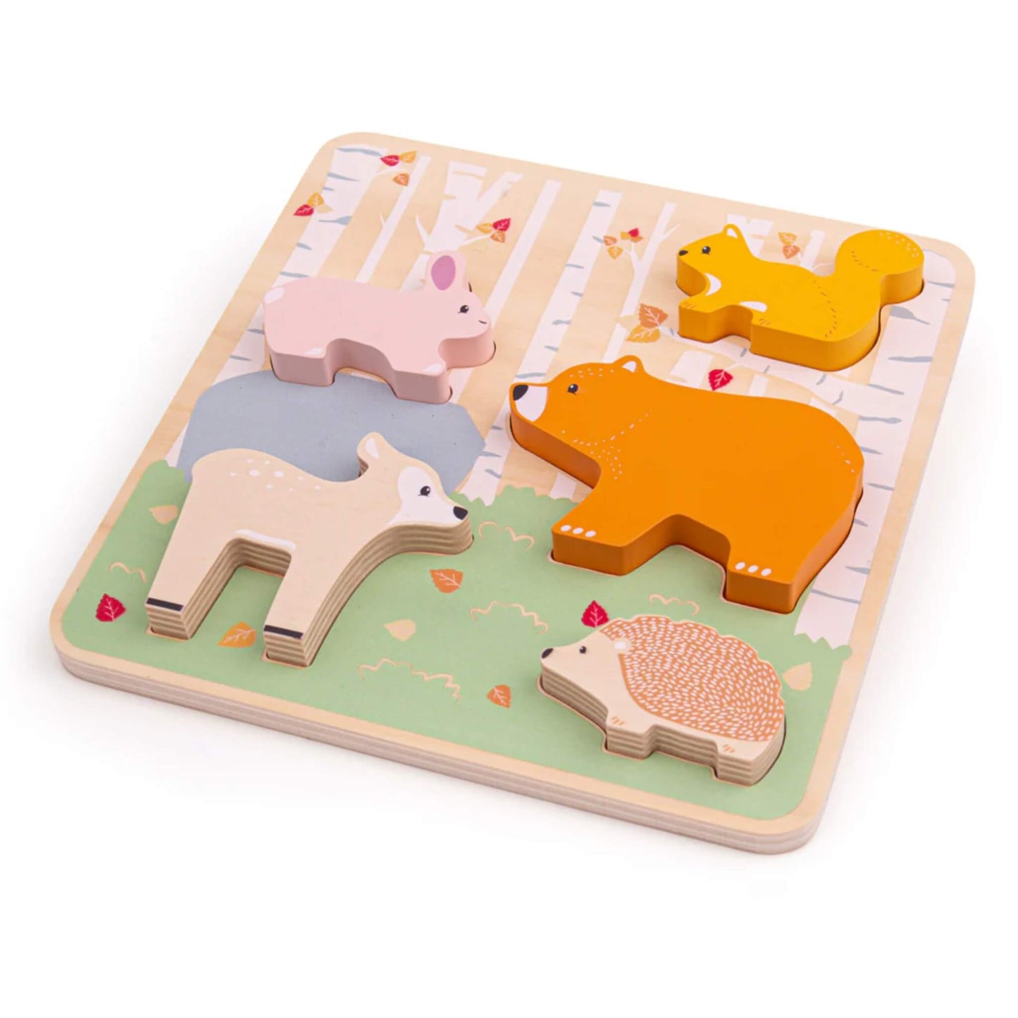 Bigjigs Toys FSC® Certified Woodlands Chunky Puzzle with five animal pieces on a wooden board, featuring a deer, bear, rabbit, squirrel, and hedgehog set against a painted forest backdrop.