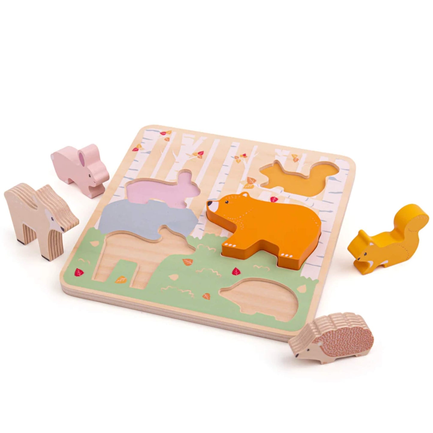Chunky wooden woodland animal puzzle with pieces removed, showing the bear, hedgehog, squirrel, rabbit, and deer laid out around the board, ready to be matched.