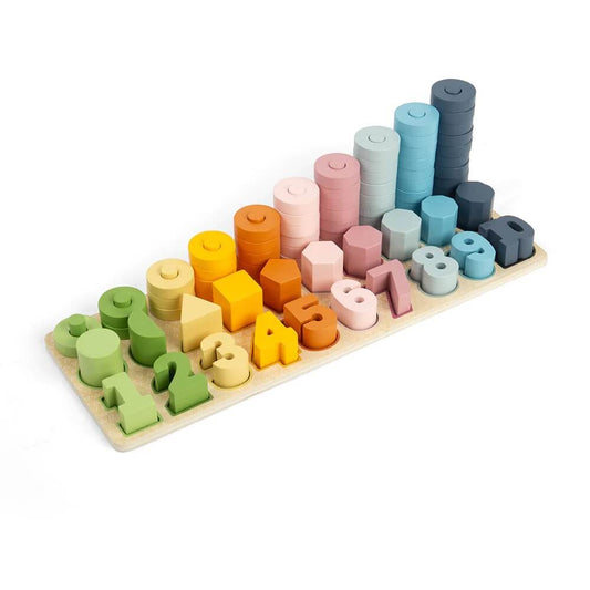The Bigjigs FSC® Certified 1-10 Counting Board is a wooden counting puzzle board featuring 78 play pieces for a comprehensive and educational counting experience.