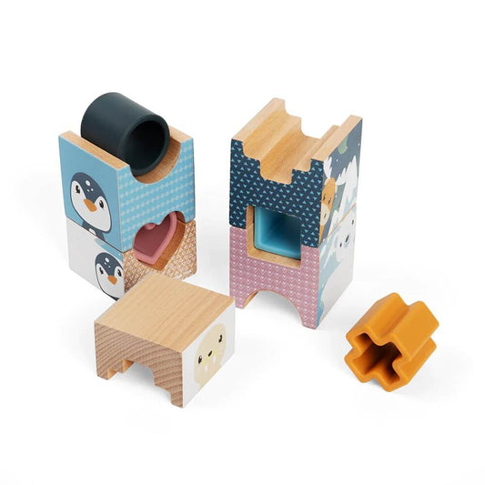 Bigjigs Arctic Tower Puzzle. A eco-friendly shape sorter and stacking toy, featuring 9 play pieces crafted from 100% silicone and FSC® Certified wood.