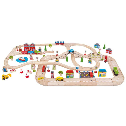 •	105-piece wooden train set. Interconnects railway track and roadway, ensuring children have plenty to interact with.