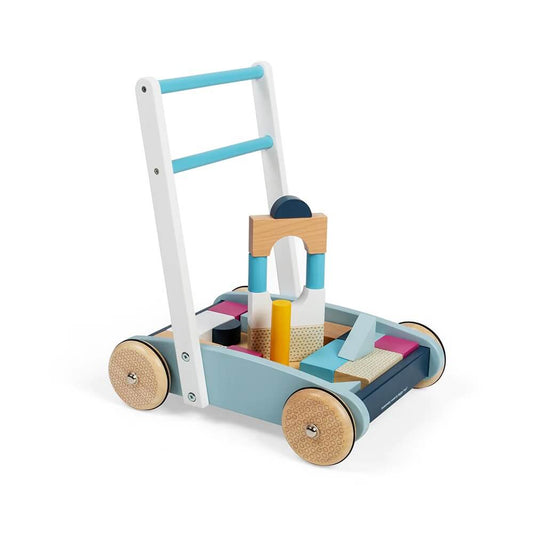 Wooden baby walker made from FSC certified wood. Comes with wooden bricks and consists of 25 play pieces.