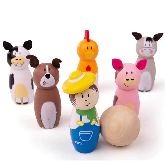  Bigjigs Farm Skittles include six frog skittles and one bowling ball, promoting improved hand/eye coordination and concentration, all crafted from FSC® Certified wood for children aged 2 years and above.