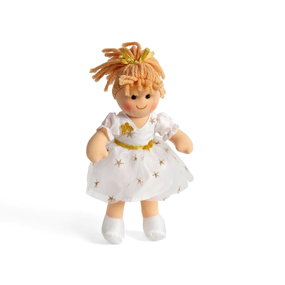 This soft and cuddly ragdoll is just waiting to be loved and adored by her new best friend. Her stunning white dress featuring a pretty gold star print, and her super sweet smile are sure to capture your little ones heart at first sight!