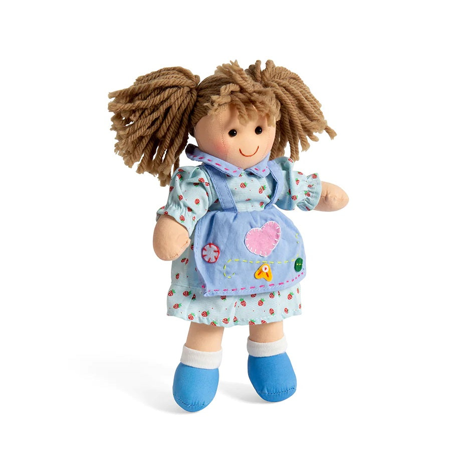 this soft and cuddly doll loves to play and wants nothing more than lots of cuddles from her new best friend. Her sweet blue dress has a strawberry pattern that your little one is sure to love. Grace also wears her hair in bunches! 