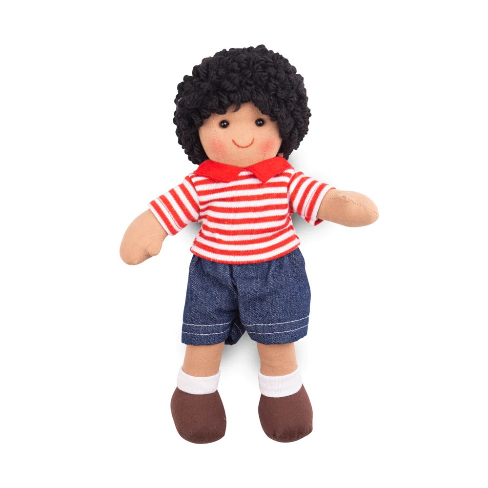 Otis is a soft and cuddly Bigjigs ragdoll dressed in an adorable outfit. Otis has curly hair and wears his very own denim shorts and a red striped polo shirt.