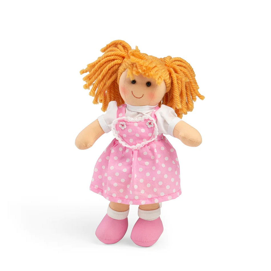 This soft and cuddly Bigjigs doll has a big heart. Ruby wears her pink polka dot dress with pride and is always ready for a cuddle or two! 