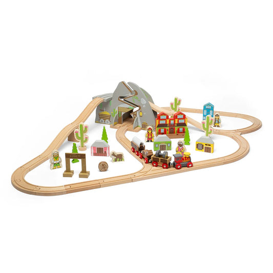 Bigjigs 62-piece Wild West themed wooden train set. Made from high quality, sustainably sourced FSC® Certified wood.