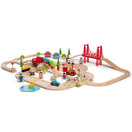 Bigjigs 80-piece wooden train set. It offers an exciting railway scene with a working roadway, and it is compatible with most other major wooden railway brands.